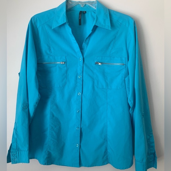 Cathy Blue Buttoned Down Detailed Tailored Shirt with zipper Pockets - Picture 2 of 9
